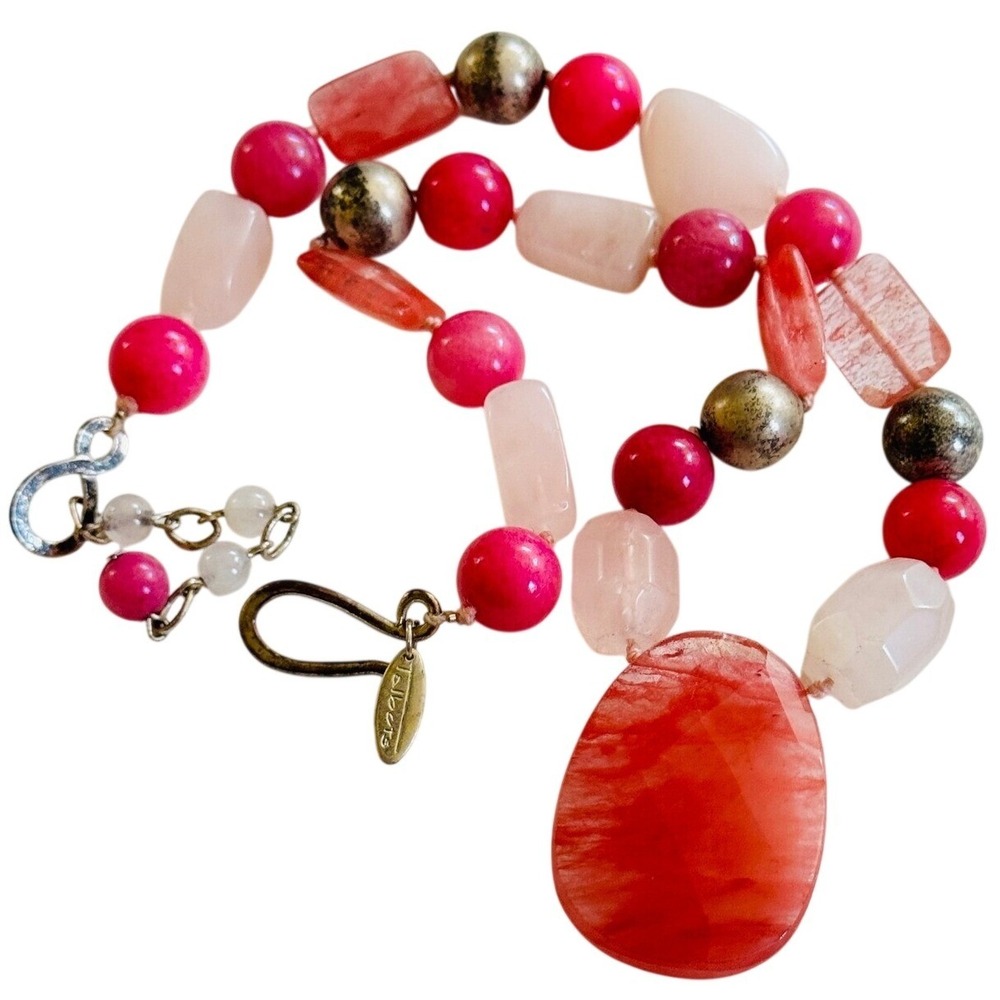 Talbots Cherry Rose Quartz Necklace Statement Signed Beaded Collar Beads Y2K 20"